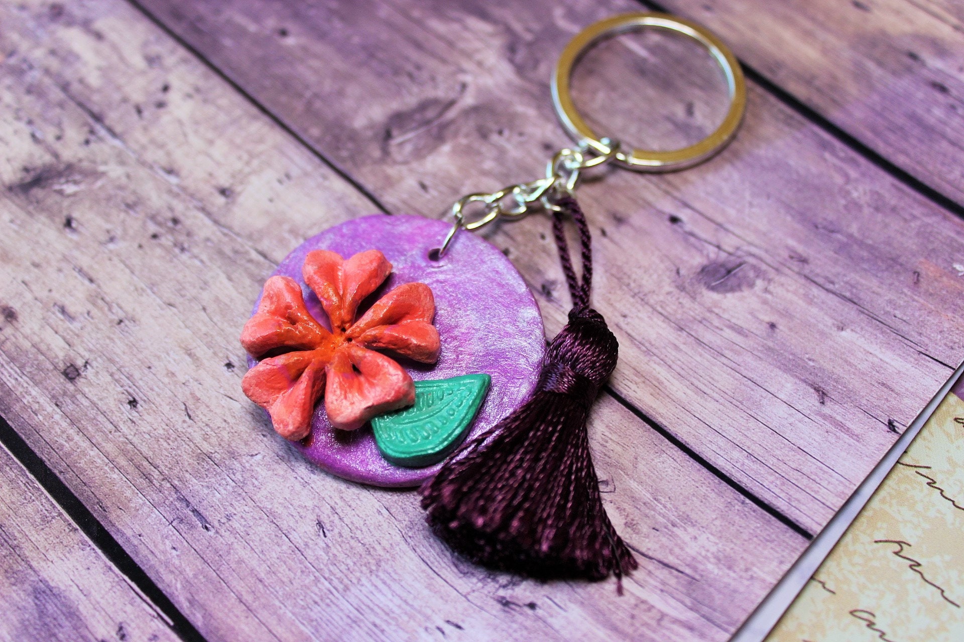 Flower Keyring, Hibiscus Flower, Tassel Key Chain, Summer