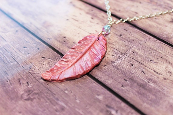 Pink Feather Necklace Clay Feather Pendant Boho Jewellery Bohemian Style Feather Accessory Festival Fashion Long Drop Necklace Party Etsy
