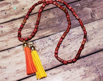 Double Tassel Pendant, Dark Wood Necklace, Wooden Jewellery, Bohemian, Festival Style, Vegan Jewellery, Beachy, Orange, Yellow Tassel,