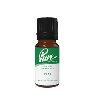 May include: A 10 ml bottle of Pure Scented Pear fragrance oil. The bottle is amber glass with a black cap and a green label with white text. The label reads "100% Pure Fragrance Oil Pear 10ml www.PureScented.com"