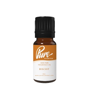 May include: A 10ml bottle of pure scented fragrance oil in a brown glass bottle with a black cap. The label is orange and says "Pure Scented 100% Pure Fragrance Oil Biscuit 10ml www.purescented.com"