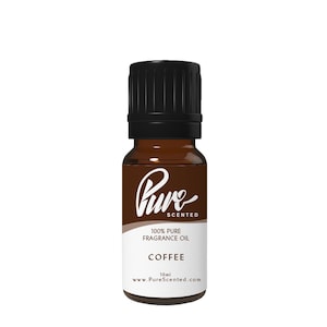 May include: A 10 ml amber glass bottle of 100% pure coffee fragrance oil. The bottle has a black cap and a white label with the text "Pure Scented", "100% Pure Fragrance Oil", "Coffee", and "www.PureScented.com".