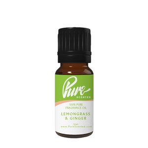 May include: A 10 ml bottle of lemongrass and ginger fragrance oil. The bottle is brown glass with a black cap and a green label that says "Pure Scented" and "100% Pure Fragrance Oil Lemongrass & Ginger 10ml www.PureScented.com".