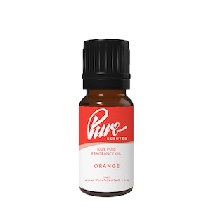 May include: A 10 ml amber glass bottle of orange scented fragrance oil. The bottle has a black cap and a white label with the text "Pure Scented 100% Pure Fragrance Oil Orange 10ml www.PureScented.com"