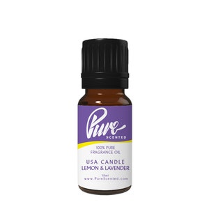 May include: A 10 ml bottle of Pure Scented USA Candle Lemon & Lavender fragrance oil. The bottle is brown glass with a black cap and a purple label with white text. 100% Pure Fragrance Oil.