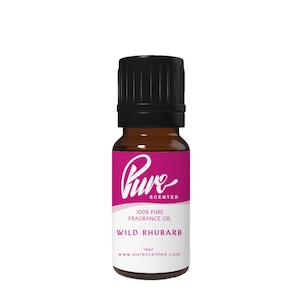 May include: A 10 ml bottle of Wild Rhubarb fragrance oil. The bottle is amber glass with a black cap and a white label with the text "Pure Scented" and "100% Pure Fragrance Oil".