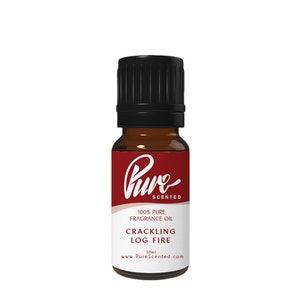 May include: A 10 ml bottle of crackling log fire fragrance oil. The bottle is brown glass with a black cap and a white label that says "Pure Scented" and "100% Pure Fragrance Oil Crackling Log Fire 10ml www.PureScented.com".