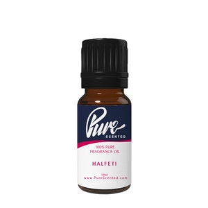 May include: A small amber glass bottle of fragrance oil with a black cap. The label is dark blue with white script that reads "Pure Scented" and "Halfeti". The bottle contains 10ml of oil.