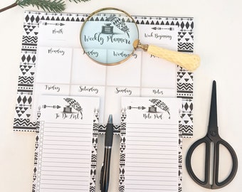 Set of 3 Boho Weekly Planner Desk Pad, To Do List, Notepad Gift Set, 50 pages Magnetic backed, weekly planner, Family Planner, Shopping List