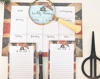 Set of 3 Union Jack Weekly Planner Desk Pad, To Do List, Notepad Gift Set, 50 pages Magnetic backed, , Family Planner, shopping list notepad