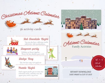 Advent Calendar Activity Cards (Printable) 2022 with beautiful high quality Christmas Illustrations and Countdown Family Activities.