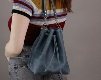 Blue Leather shoulder bag, Custom Leather Crossbody Bag, Personalized Bag for her,  leather Bucket Bag