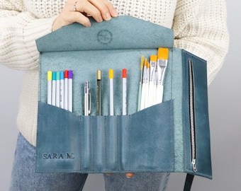 Art Camp Supply Case, Leather Pencil Wrap for Kids and Teens, Handmade Art Organizer, Summer Camp Art Roll