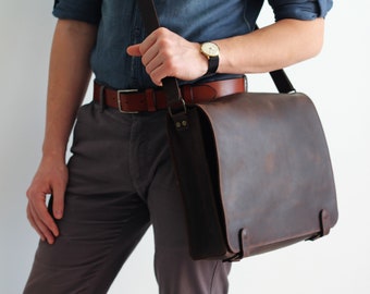 Braune Leder Laptoptasche, Herren Leder Umhängetasche, Leder Messenger Bag, personalisierte Ledertasche, Laptoptasche