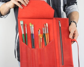 Red Pencil case, Brush case, Artist gift Leather Pencil Roll, Gift for painter, Oil brush case, leather paintbrush roll