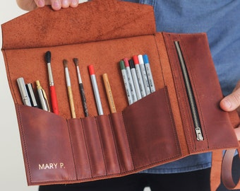 Leather Pencil Case, Leather Pencil Roll, Artist roll, Personalized Tools Roll, Paint brush case, Gift for painter
