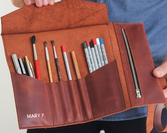 Birthday Gift for Artist, Leather Pencil Wrap, Custom Sketch Roll, Art Supply Holder, Personalized Art Organizer