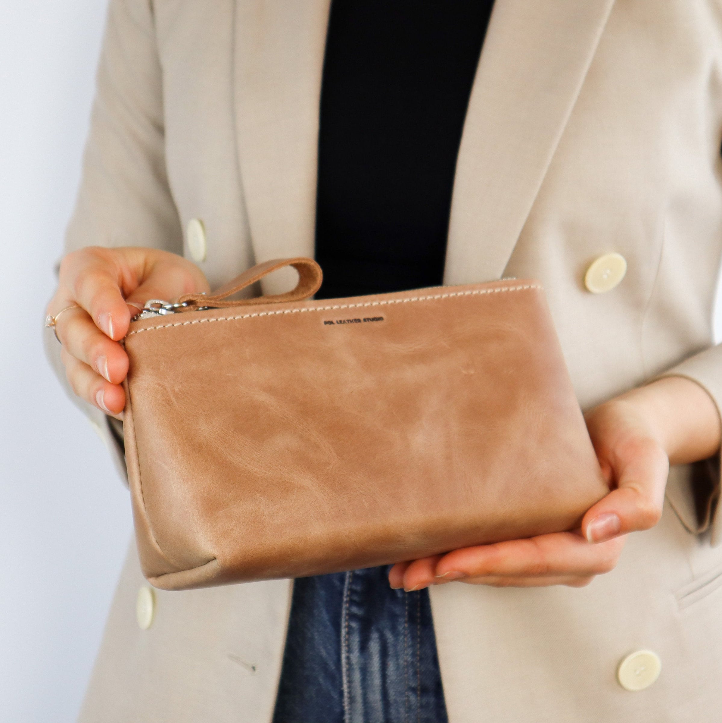 Bridesmaid Gift, Beige makeup bag,  Leather Cosmetic Bag, Makeup case, Brushes case, Personalized pouch, Makeup organizer