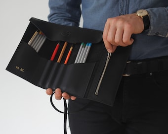 Leather Pencil Case, gift for mom, Leather Pencil Roll, Paint Brush Roll, Artist roll, Tool Roll Case, Paint brush case