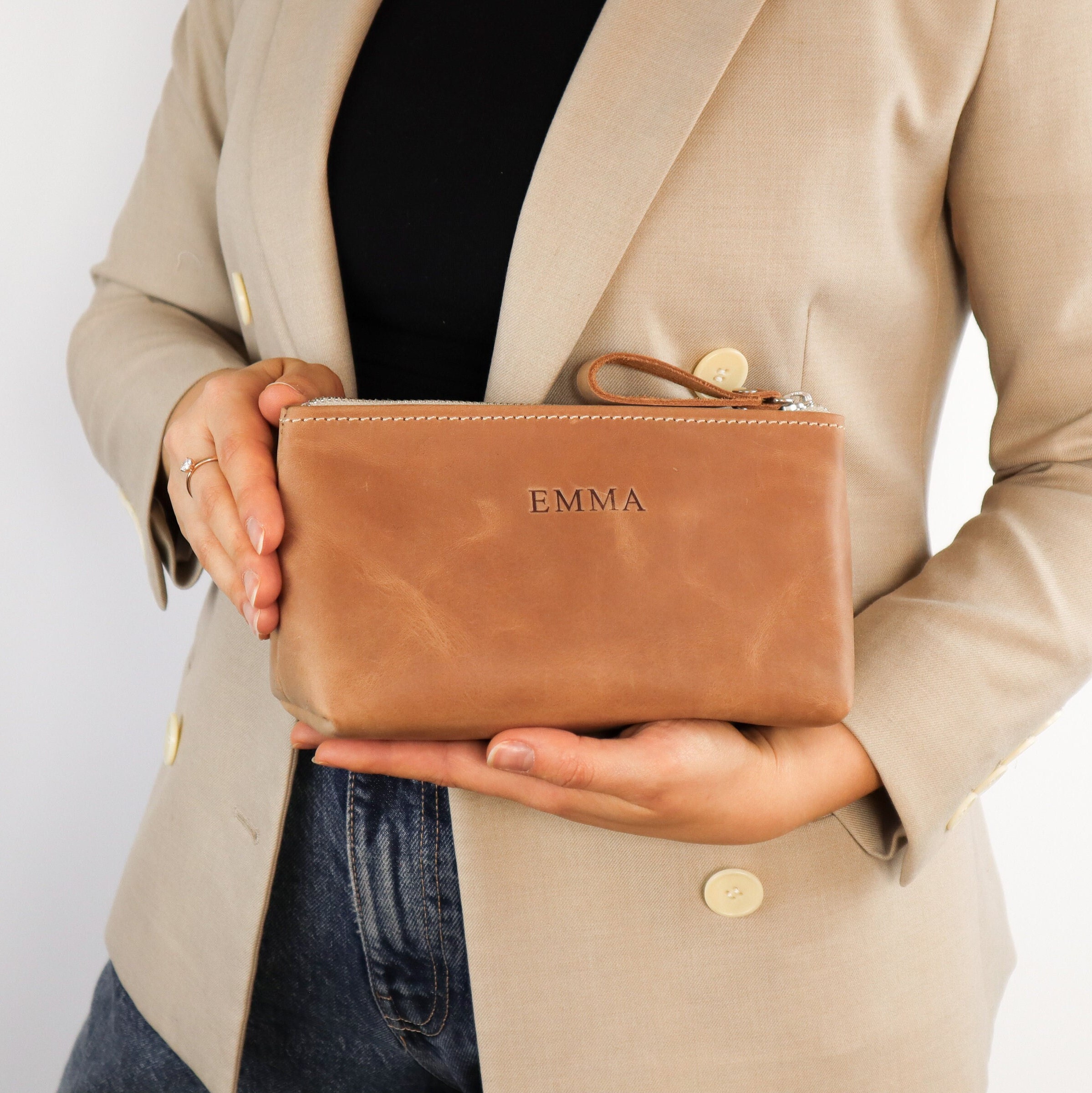 Bridesmaid Gift, Beige makeup bag,  Leather Cosmetic Bag, Makeup case, Brushes case, Personalized pouch, Makeup organizer