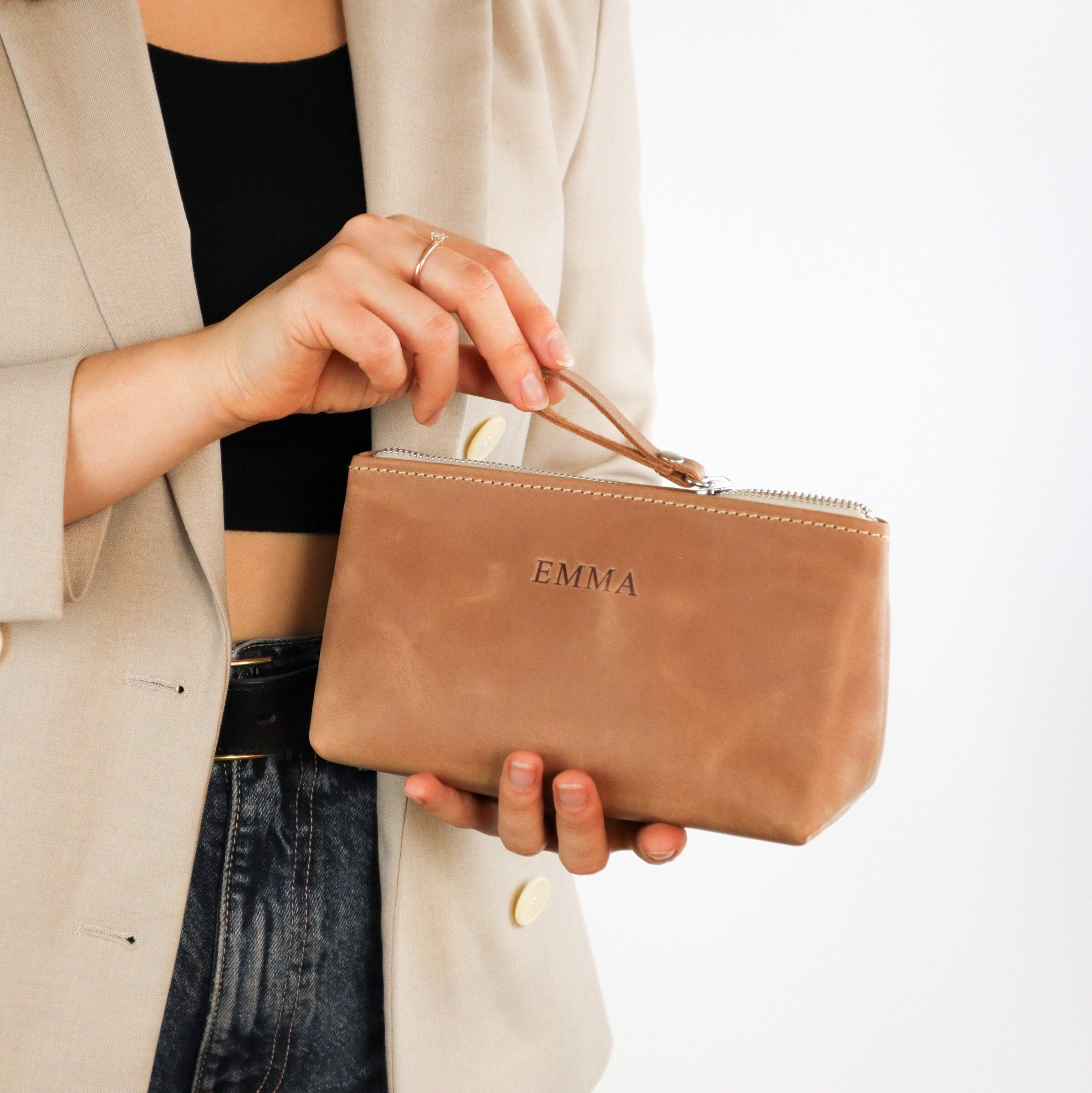 Bridesmaid Gift, Beige makeup bag,  Leather Cosmetic Bag, Makeup case, Brushes case, Personalized pouch, Makeup organizer