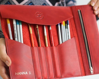 Red Pencil Roll, Pen Case,  Artist roll, Gift for painter, Leather Pencil Roll, Personalized Case, Tools Roll Case