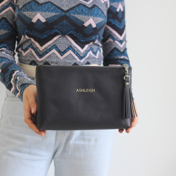 Black Leather Makeup Bag, Personalized cosmetic bag for travel, womens leather toiletry bag with tassle, Black Friday sale