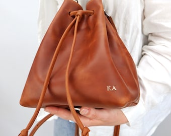Brown leather bucket bag for women, Personalized  shoulder bag of genuine leather , women's Crossbody drawstring Bag