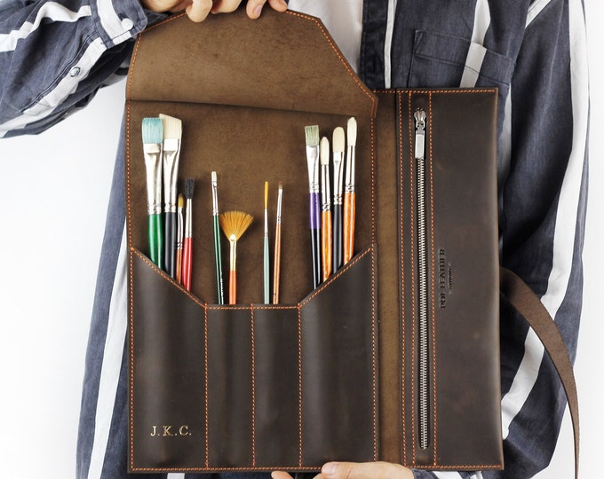 Birthday Gift for Artist Friend, Custom Leather Pencil Roll, Christmas gift, Art Organizer Wrap, Personalized Brush Holder