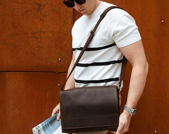 Premium Leather Messenger Bag for Laptop & Documents, Full-Grain Crazy Horse Leather Bag for Business Travel, Custom Monogram Option