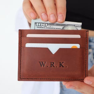 Tarjetero personalizado hecho a mano, tarjetero de cuero personalizado para hombre, grabado con iniciales, regalo minimalista de lujo, colores denim medianoche