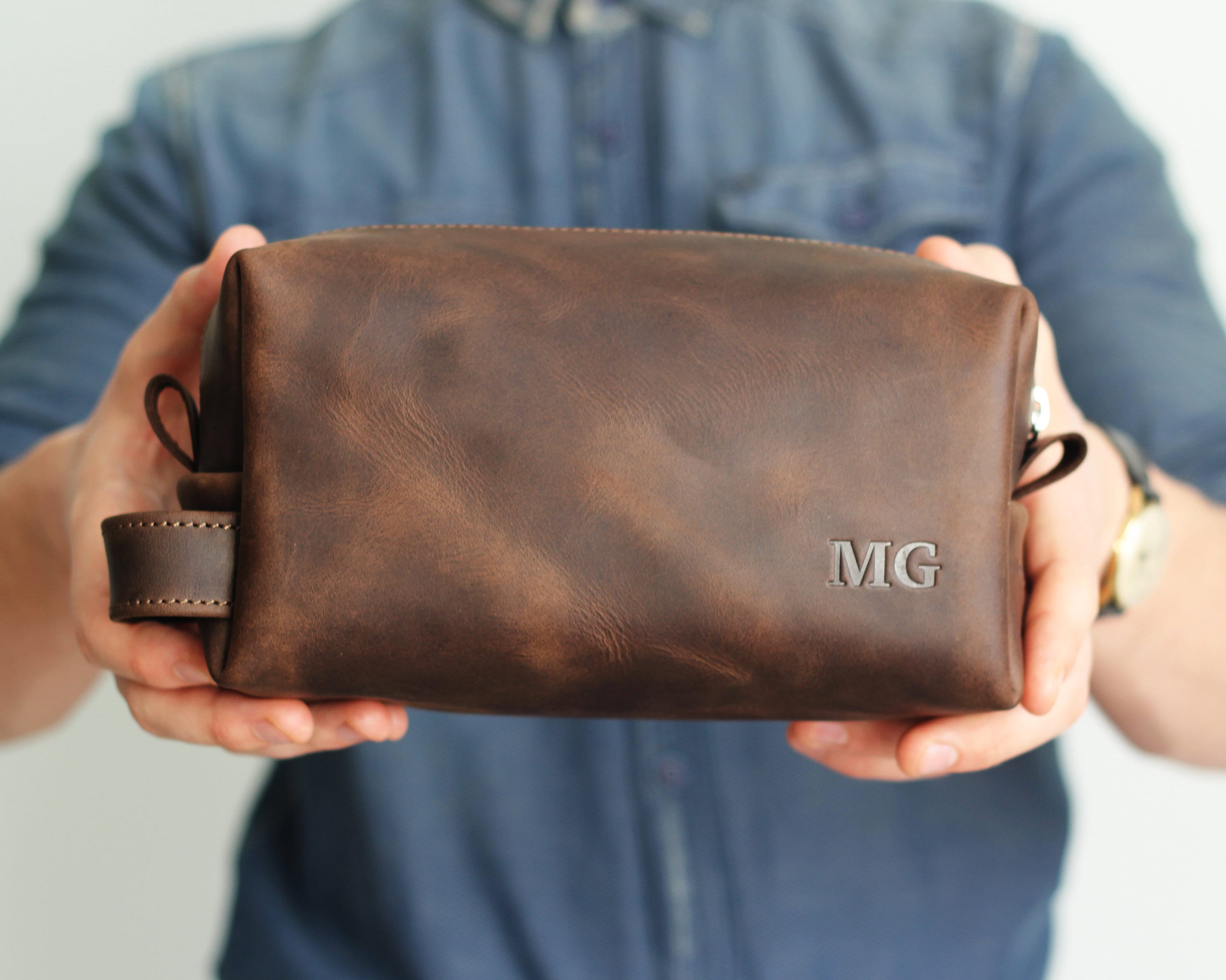 Personalized Gift for Him Toiletry Bag Mens Dopp Kit Brown 