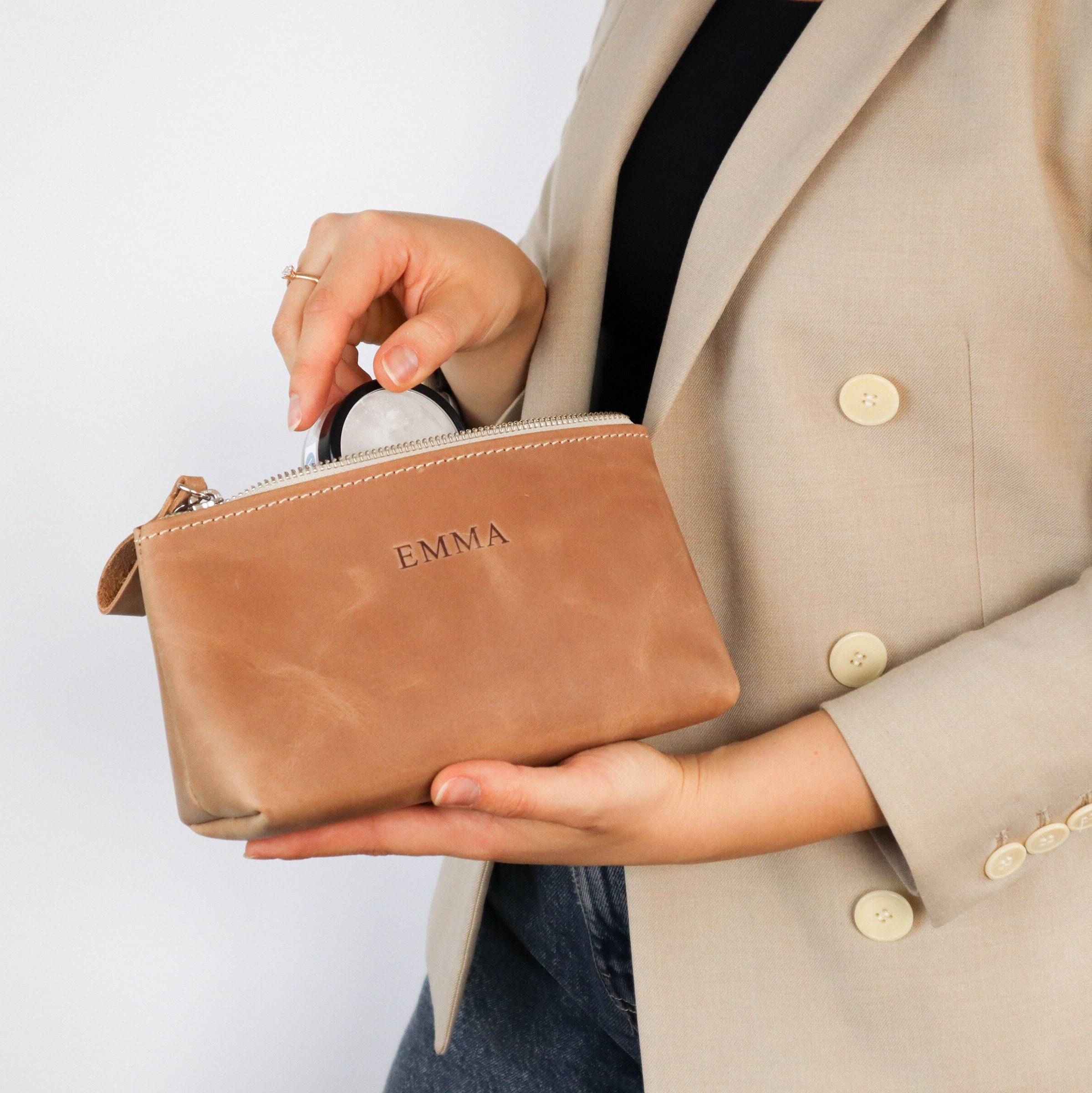 Bridesmaid Gift, Beige makeup bag,  Leather Cosmetic Bag, Makeup case, Brushes case, Personalized pouch, Makeup organizer