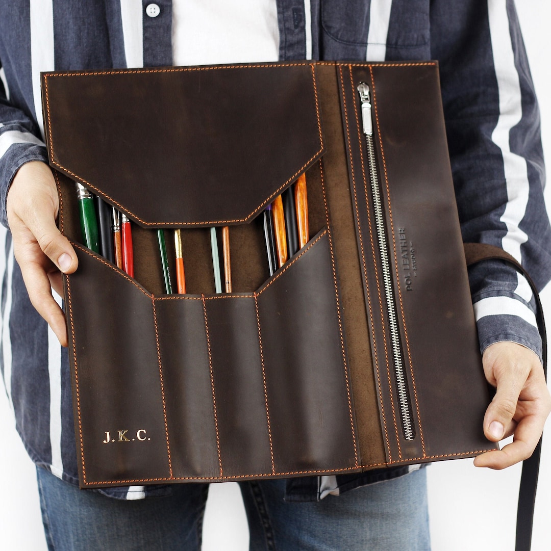 Leather Paint Brush Case for Artist, Leather Roll for Pencils, Oil