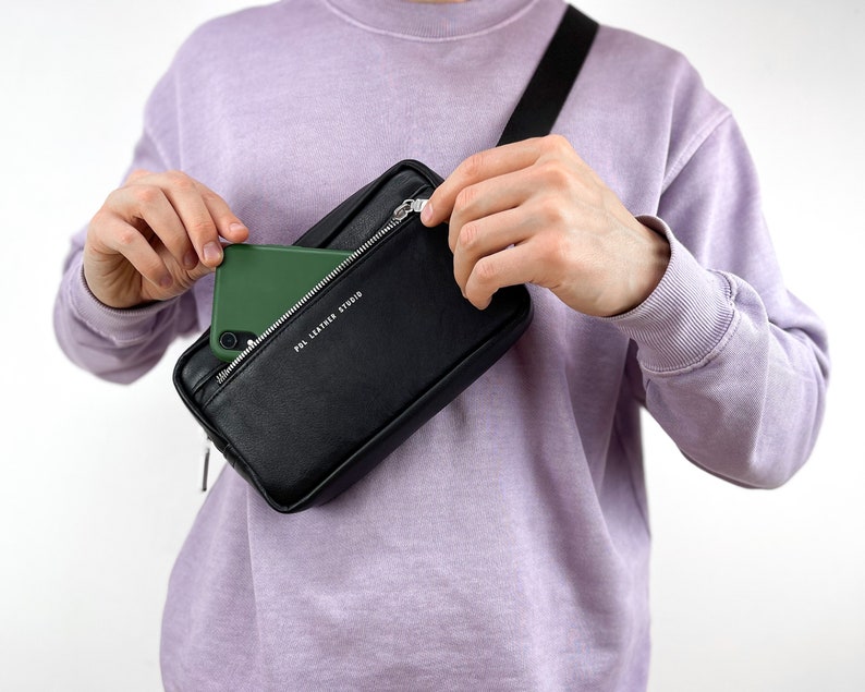 Black Mens Crossbody Mens Bag Leather Fanny Pack Belt Bag Etsy