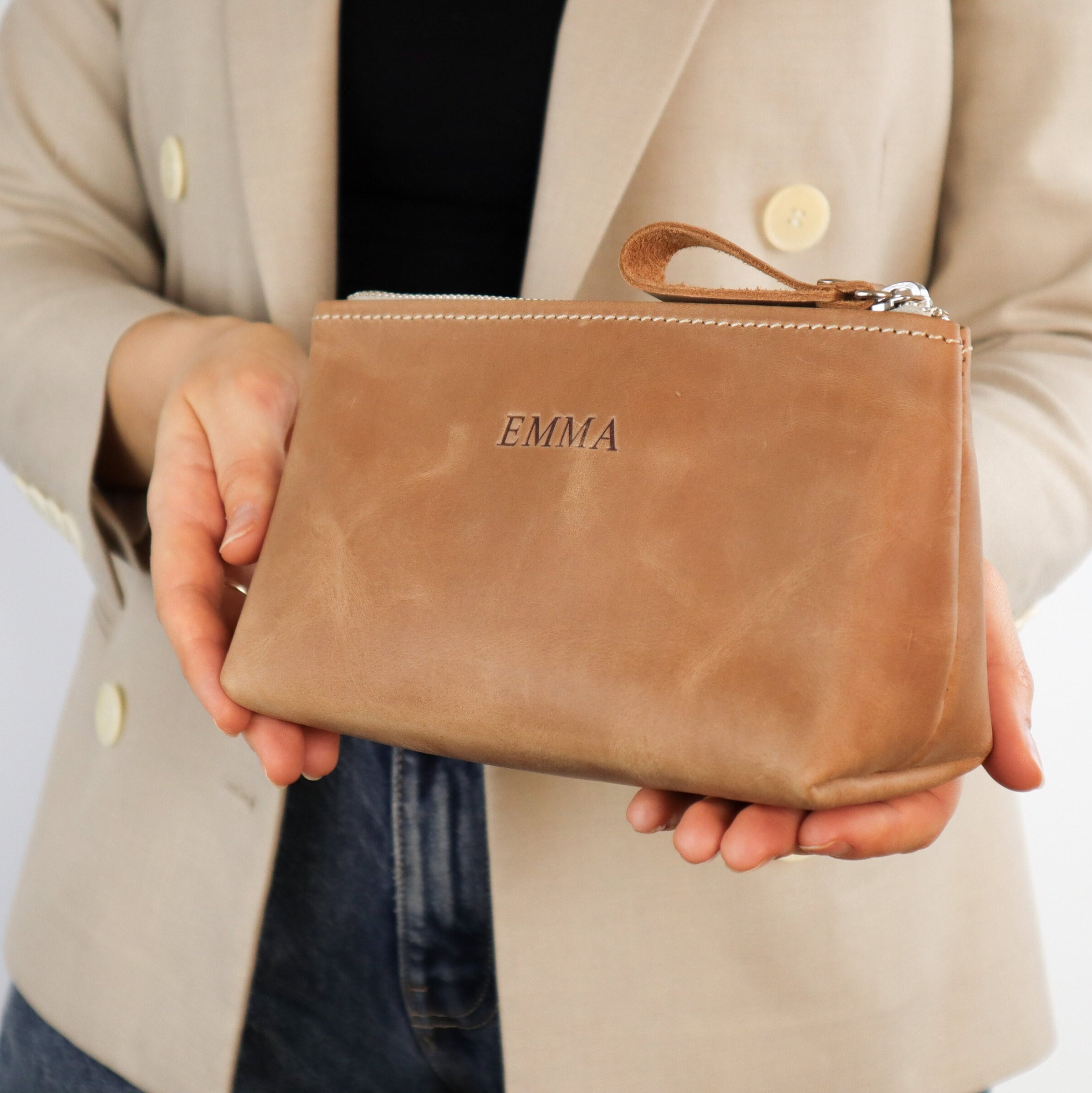 Bridesmaid Gift, Beige makeup bag,  Leather Cosmetic Bag, Makeup case, Brushes case, Personalized pouch, Makeup organizer