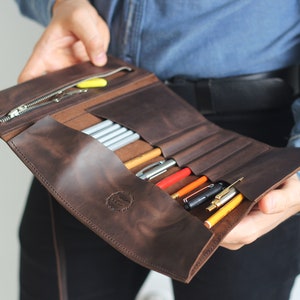 Leather Pencil Roll for School, Back to School Art Organizer, Sketch Roll Case, Student Artist Gift, Custom Pencil Wrap