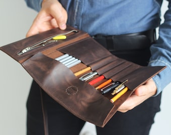 Leren potloodrol voor school, terug naar school kunstorganizer, opbergdoos schets, student kunstenaar cadeau, aangepaste potloodomslag