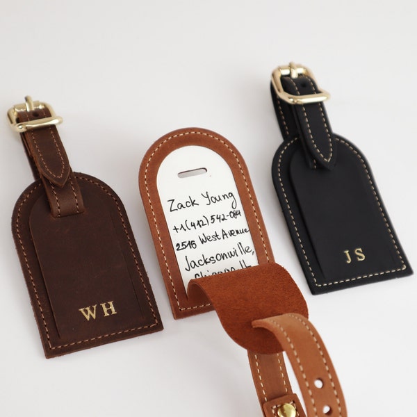 Real leather luggage tags with custom personalization as a Gift for traveler,  Leather name tag, Personalized travel gift for husband