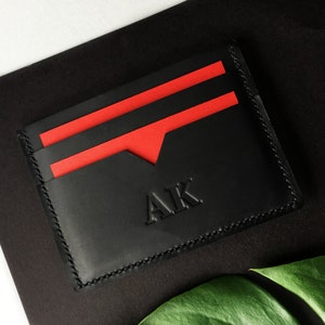 Tarjetero de cuero negro, Tarjetero personalizado, Billetera delgada para hombre, Billetera de bolsillo frontal, Accesorios de cuero para hombre, Regalo de San Valentín