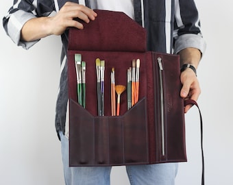Leather Pencil Roll for Artists, Personalized Brush Case, Custom Art Organizer, Gift for Artist, Handmade Leather Wrap