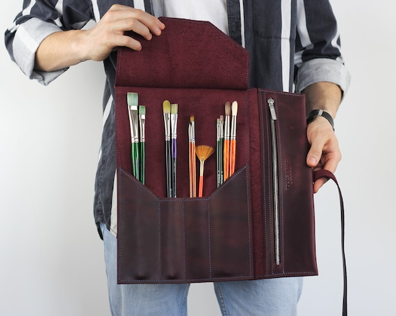 Leather Pencil Roll for Artists, Personalized Brush Case, Custom Art Organizer, Gift for Artist, Handmade Leather Wrap