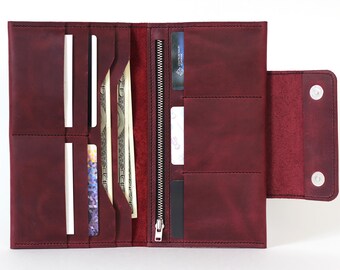 Personalized Leather Wallet for Women, Travel Wallet for Passport and Phone, Halloween party favor, Handmade Zip Wallet, Gift for Mom