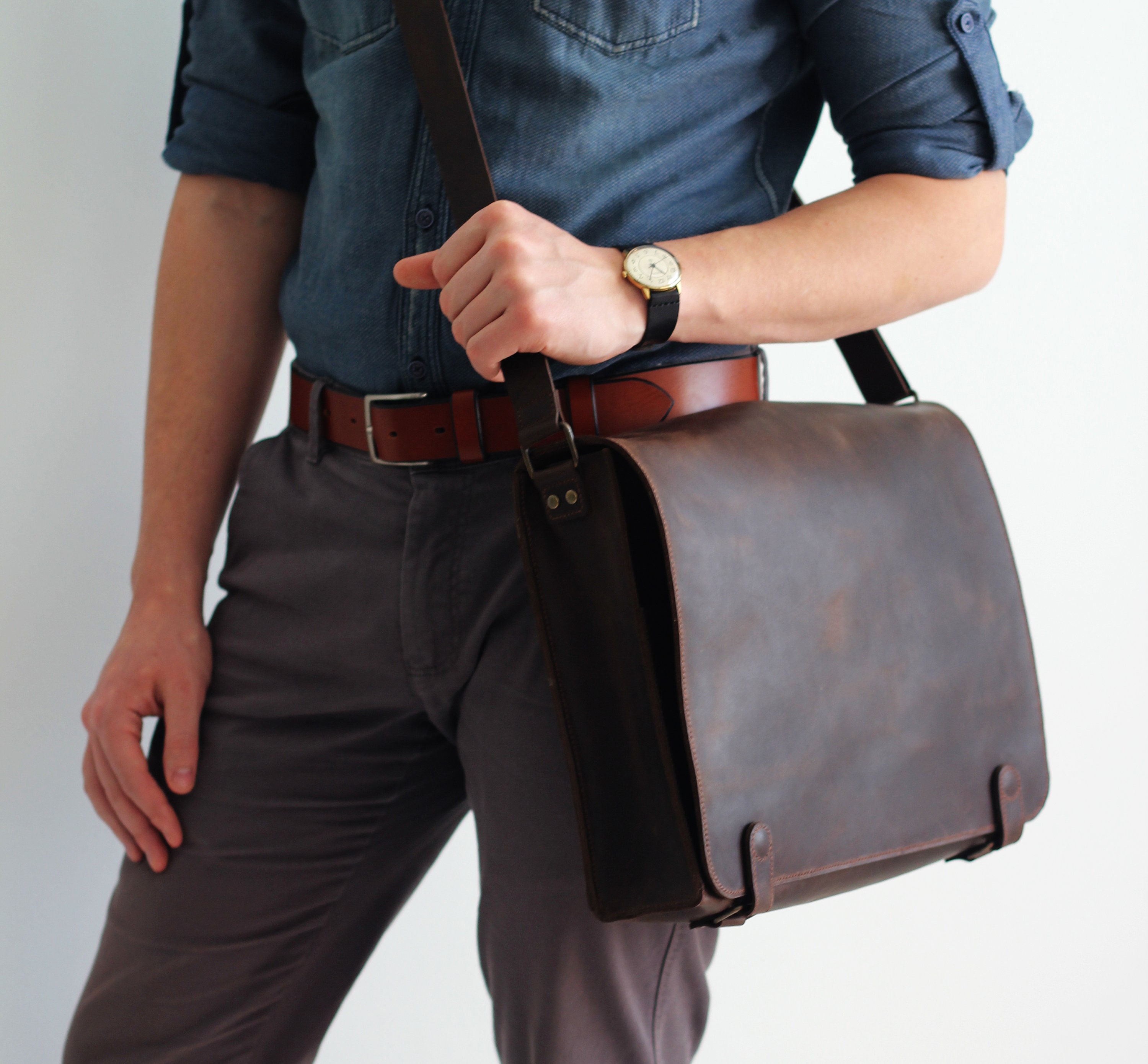 Laptop Leather Messenger Bag - Interior Sleeve Fits 13 Laptop, Adjustable Shoulder Strap - Brown - Personalized Holiday Gifts, Leatherology