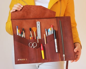 Personalized Leather Brush Roll, Pencil case, Leather Roll Case, Artist roll, Tools Case, Brush case, Brush roll, Secret Santa