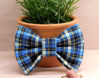 May include: A blue plaid bow tie with yellow and white accents. The bow tie is in front of a terracotta pot with a green plant. A dog treat with the words "MILK BONE" is in front of the bow tie.
