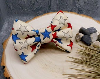 Patriotic Stars Dog Bow Tie, 4th of July Pet Accessory, Dog Collar Independence Day Bow