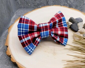 Patriotic Plaid Bow Tie Dog Collar, 4th of July Pet Accessories, Red White and Blue