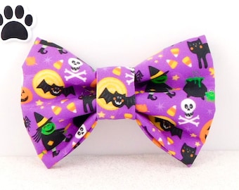 Spooky Halloween Dog or Cat Bow Tie, Purple Witch Pet Accessory
