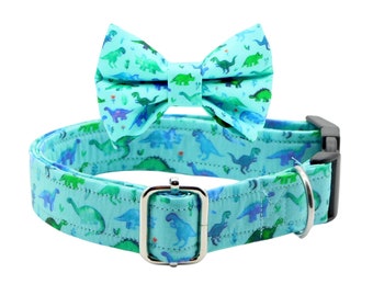 Dinosaur Dog Collar in Mint Green and Blues / Dinosaur Dog Collar and Bow Set / Boy Dog Collar with Dinosaurs / Gift for Dog Mom